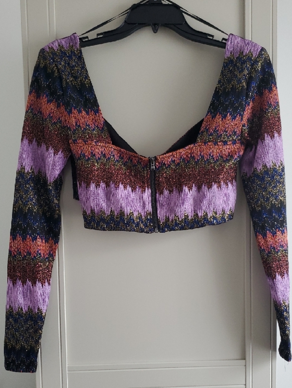 Ramy Brook Purple Chevron Metallic Long-Sleeve Crop Top - Picture 4 of 6